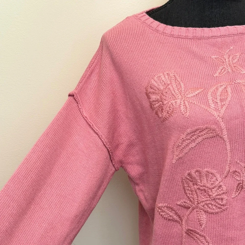 Haute Hippie Style Pink Floral Butterfly Embroidered Knit Sweater‎ Womens M Boho